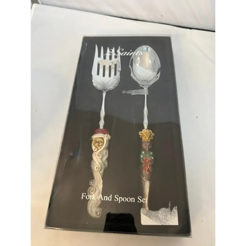 2 Saints Christmas Serving Fork Spoon Set Santa Reindeer 11.5